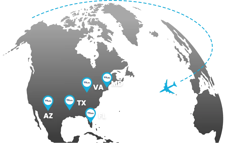 Updated Map with AZ TruLine is operating out of TX, VA and FL with a global reach